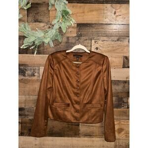 White House Black Market Faux Suede Button-Front Collarless Jacket Brown Size 12